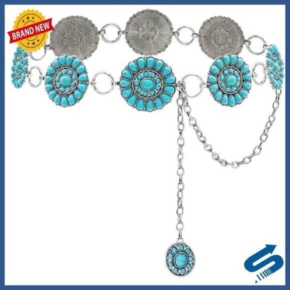 Silver Western Chain Belt with Turquoise Conchos, Adjustable Women\'s Accessory main image 8